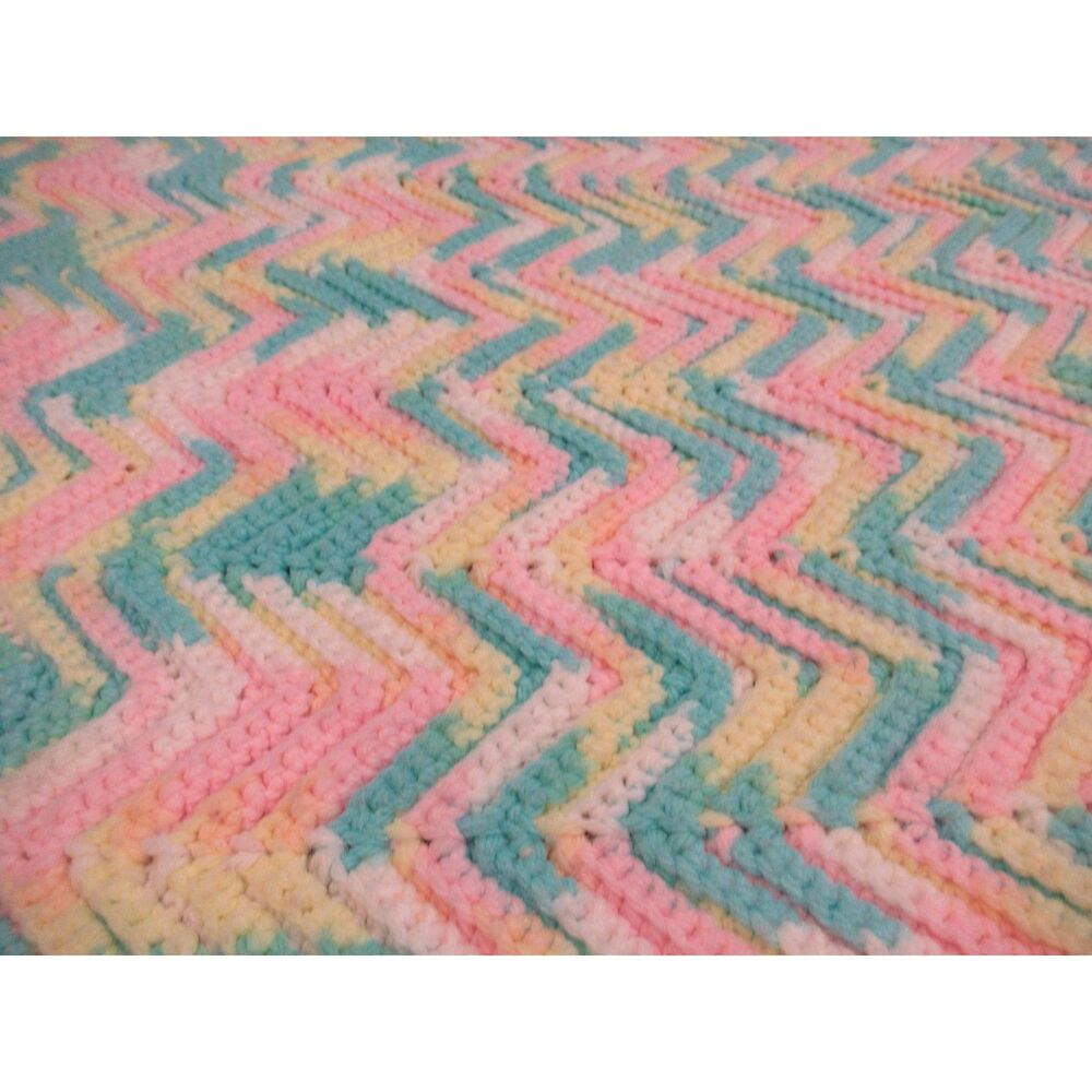 Baby Afghan Blanket Rainbow Crochet Chevron Pink, Yellow, Blue, White 29 x 40